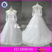 ED nupcial muestra real de hombro de manga larga encaje vestido de novia Appliqued vestido de novia